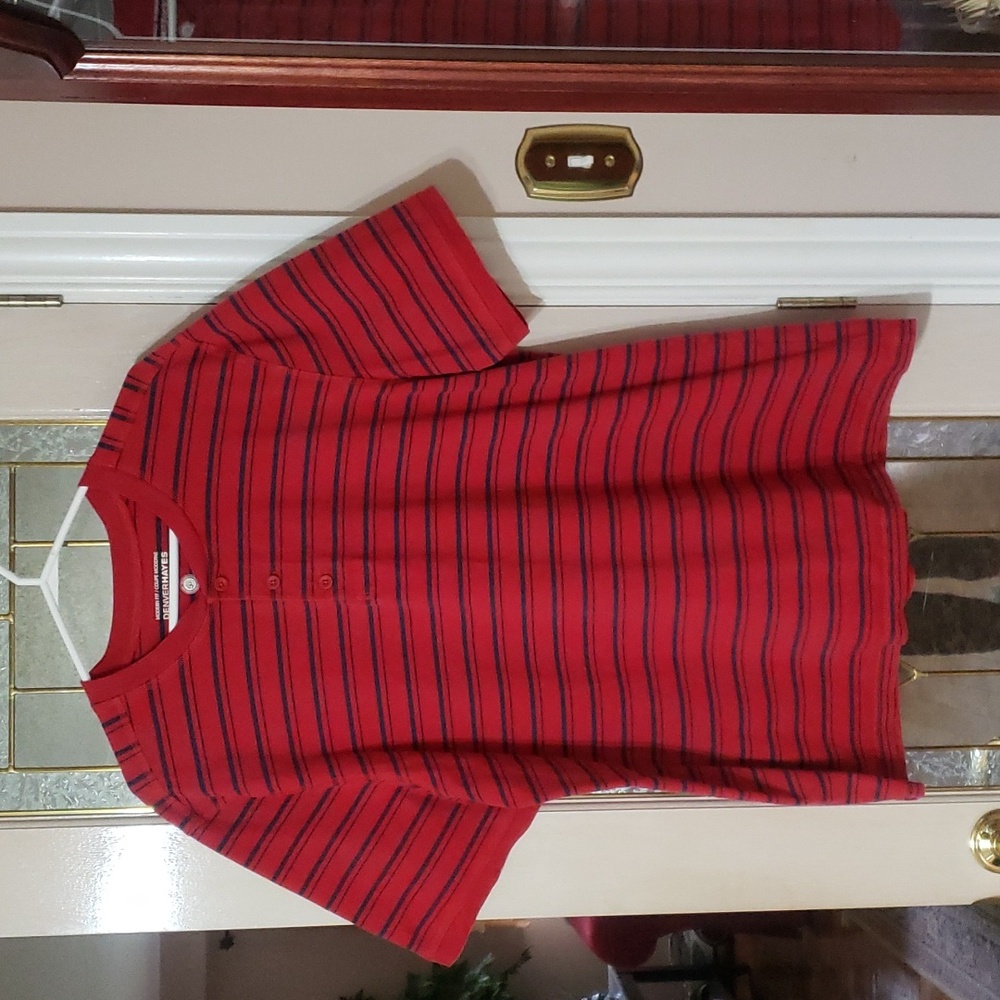 Denver Hayes Men's Red Blue Striped Short Sleeve Shirt.  SIZE 2XL. Modern Fit